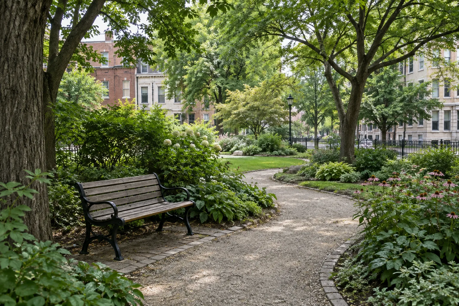 Un sentier traverse un petit jardin public avec un banc à l’ombre des arbres.