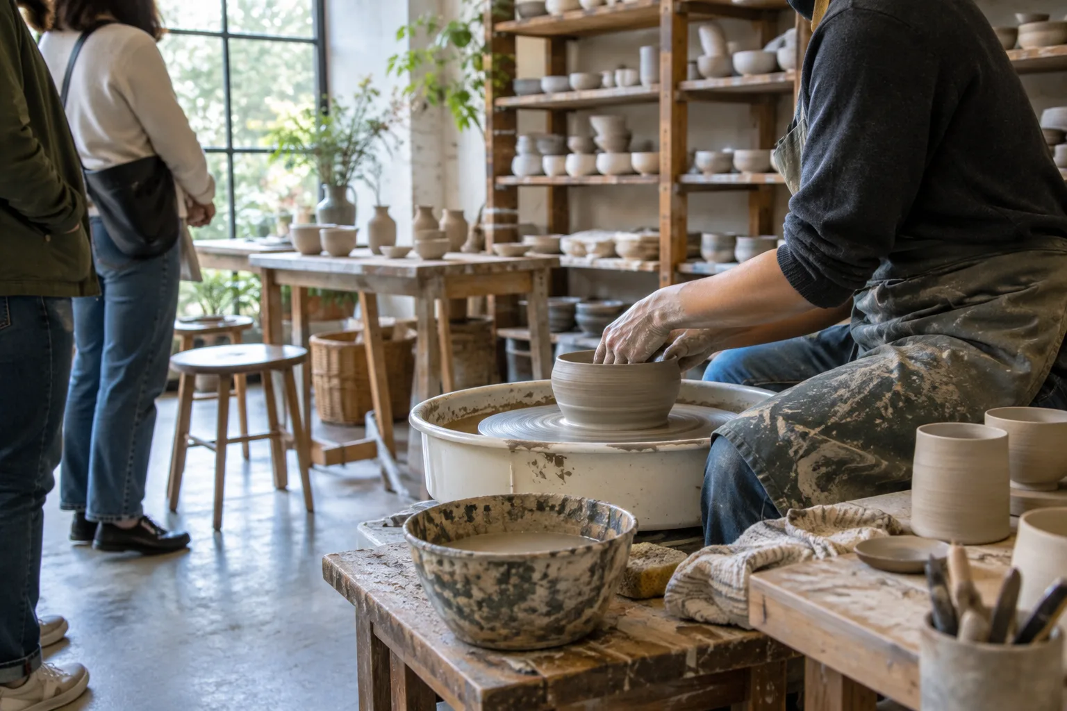 Mains façonnant une pièce en argile dans un atelier de céramique.