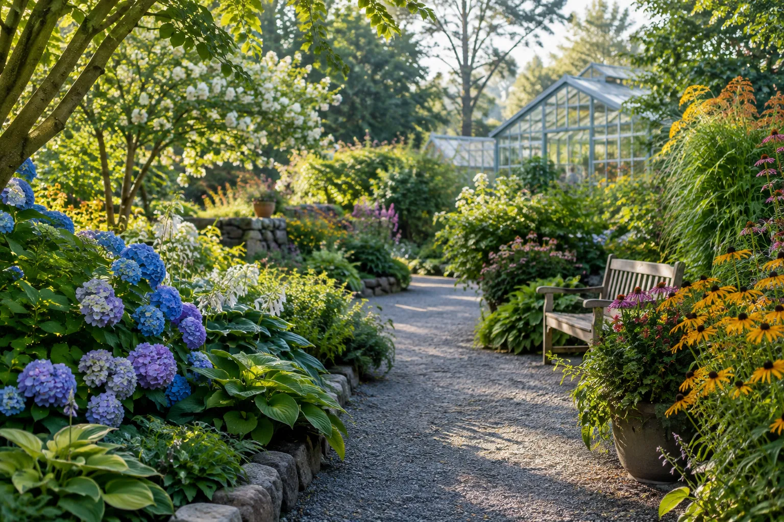 Allée paisible bordée de plantes dans un jardin botanique, avec une serre en arrière-plan.