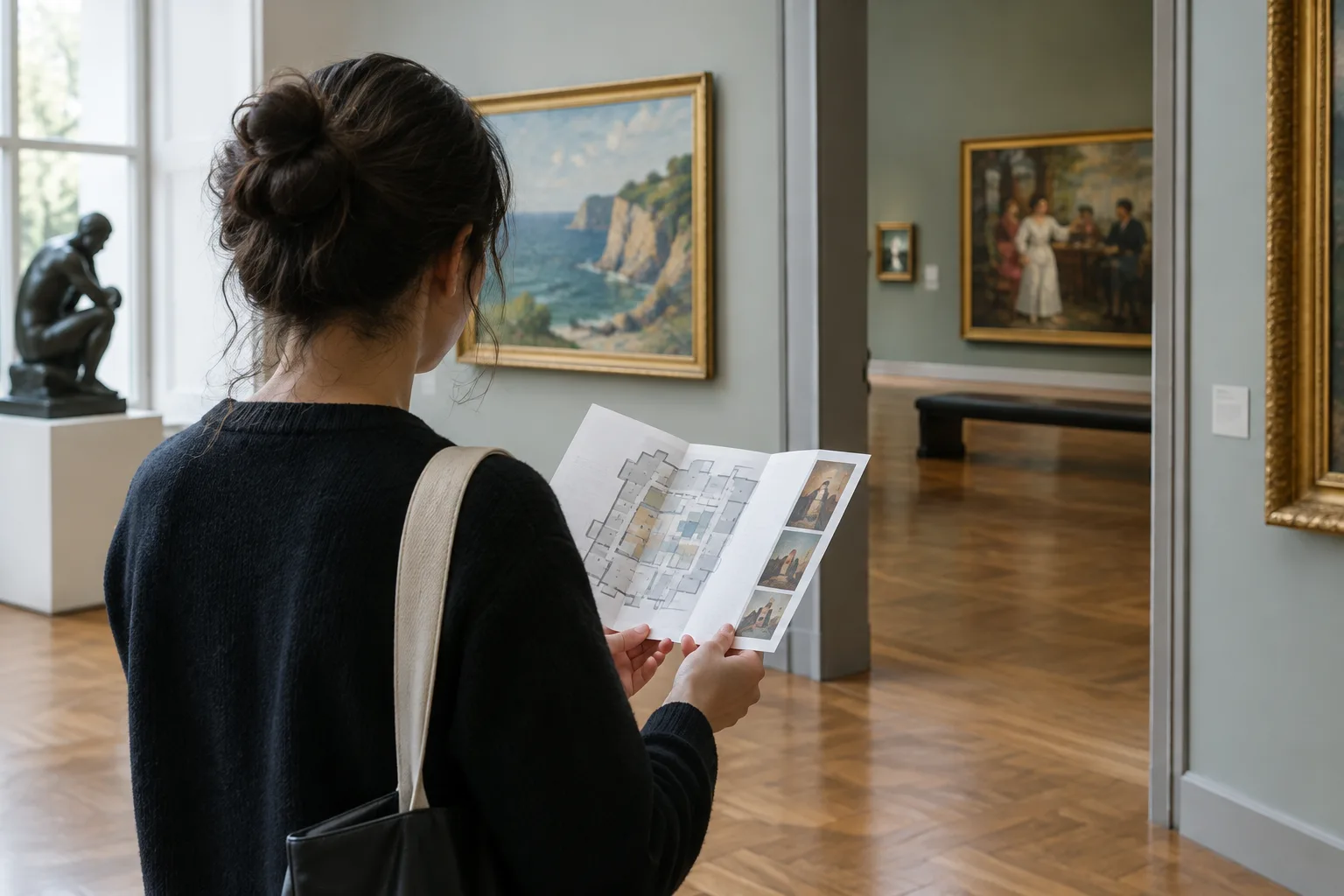 Un visiteur consulte le plan du musée près d’une salle d’exposition.