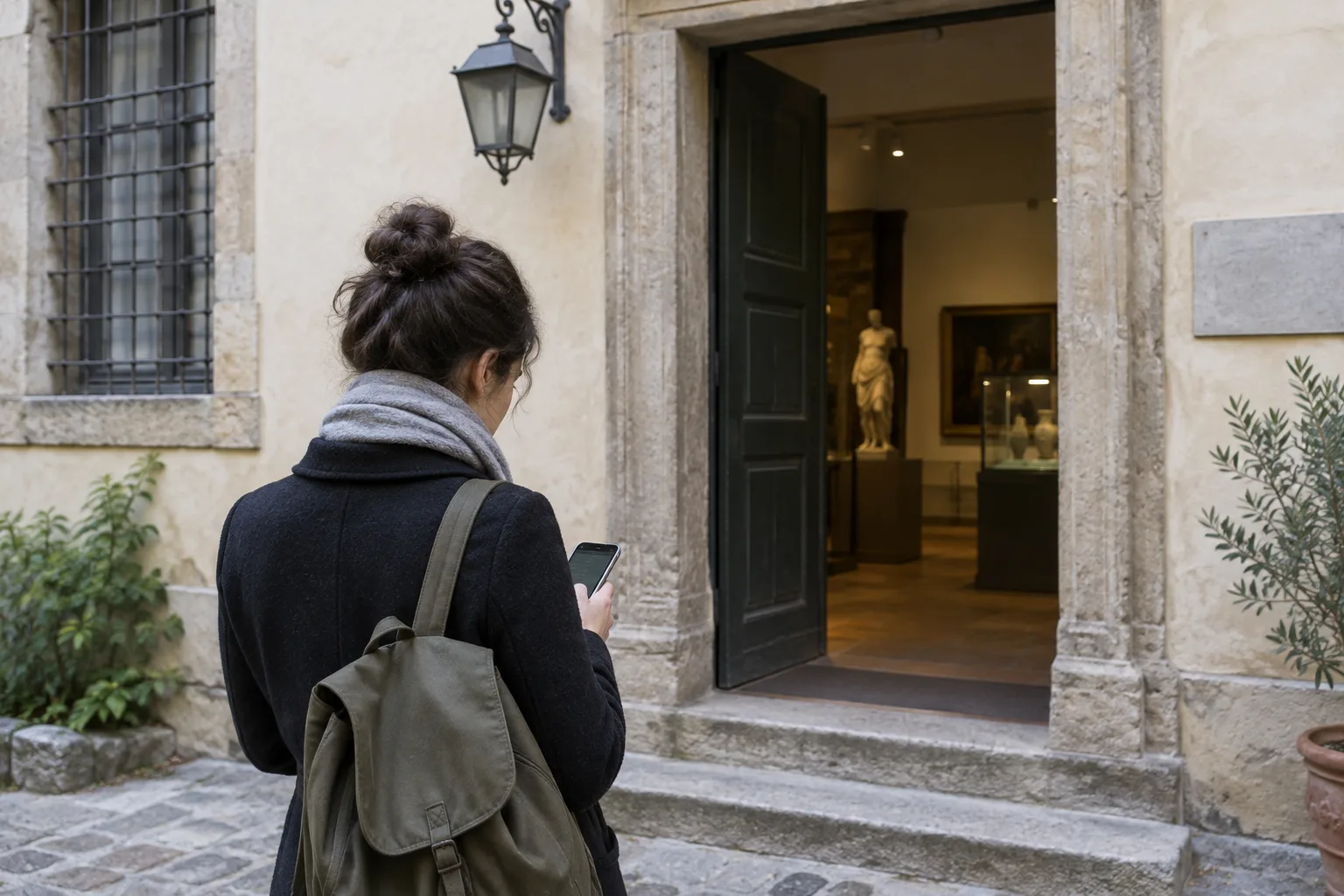 Une personne consulte son téléphone près de l’entrée d’un musée.
