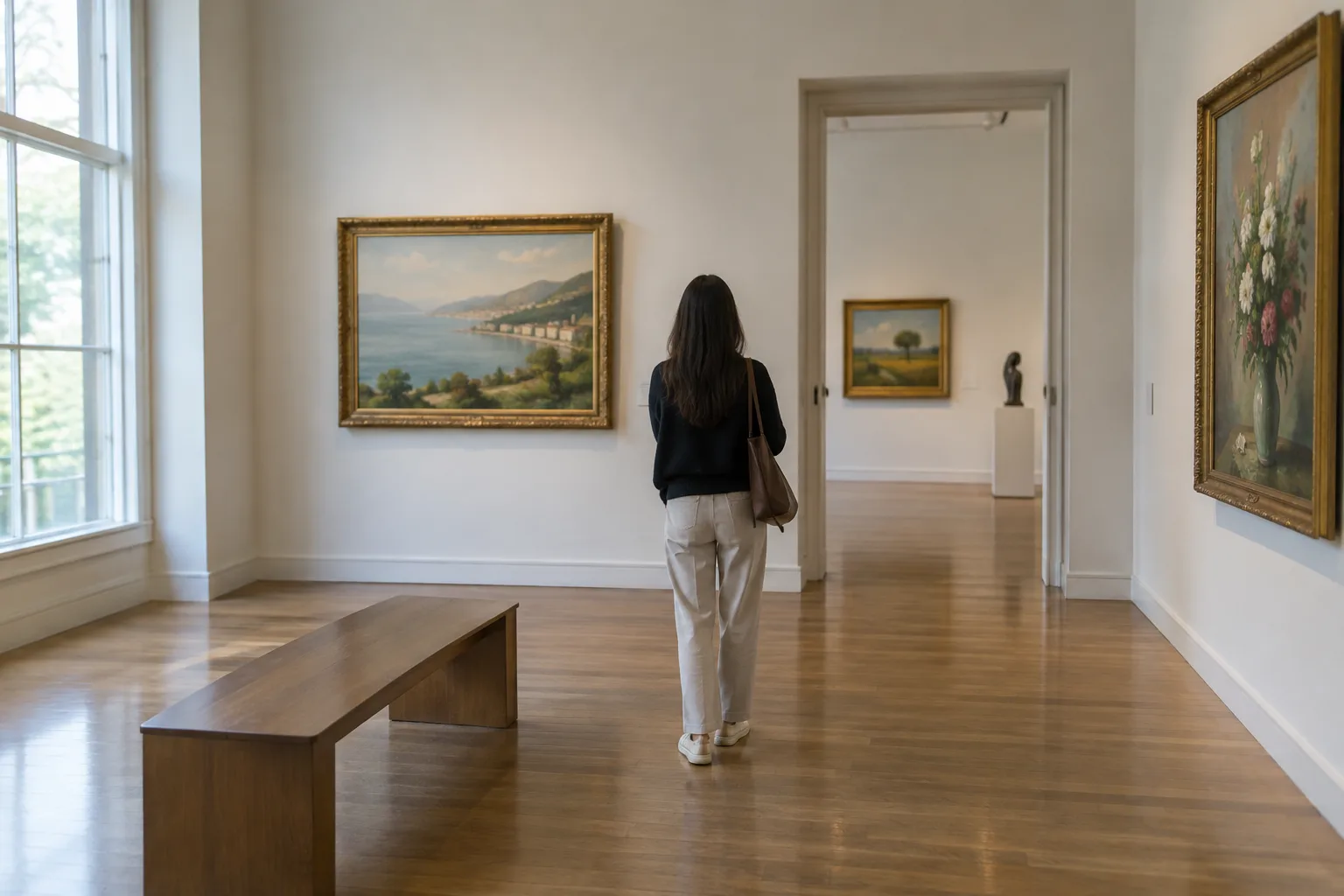 Une personne visite une galerie de musée lumineuse, les œuvres exposées sur les murs.