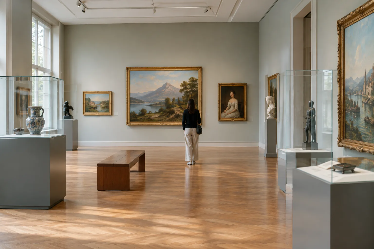 Une galerie de musée lumineuse avec des œuvres accrochées aux murs et des vitrines.