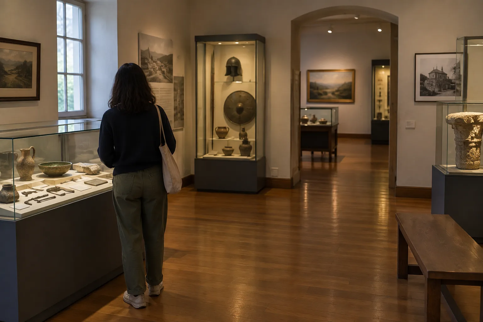 Un visiteur observe une vitrine dans une salle calme de musée.