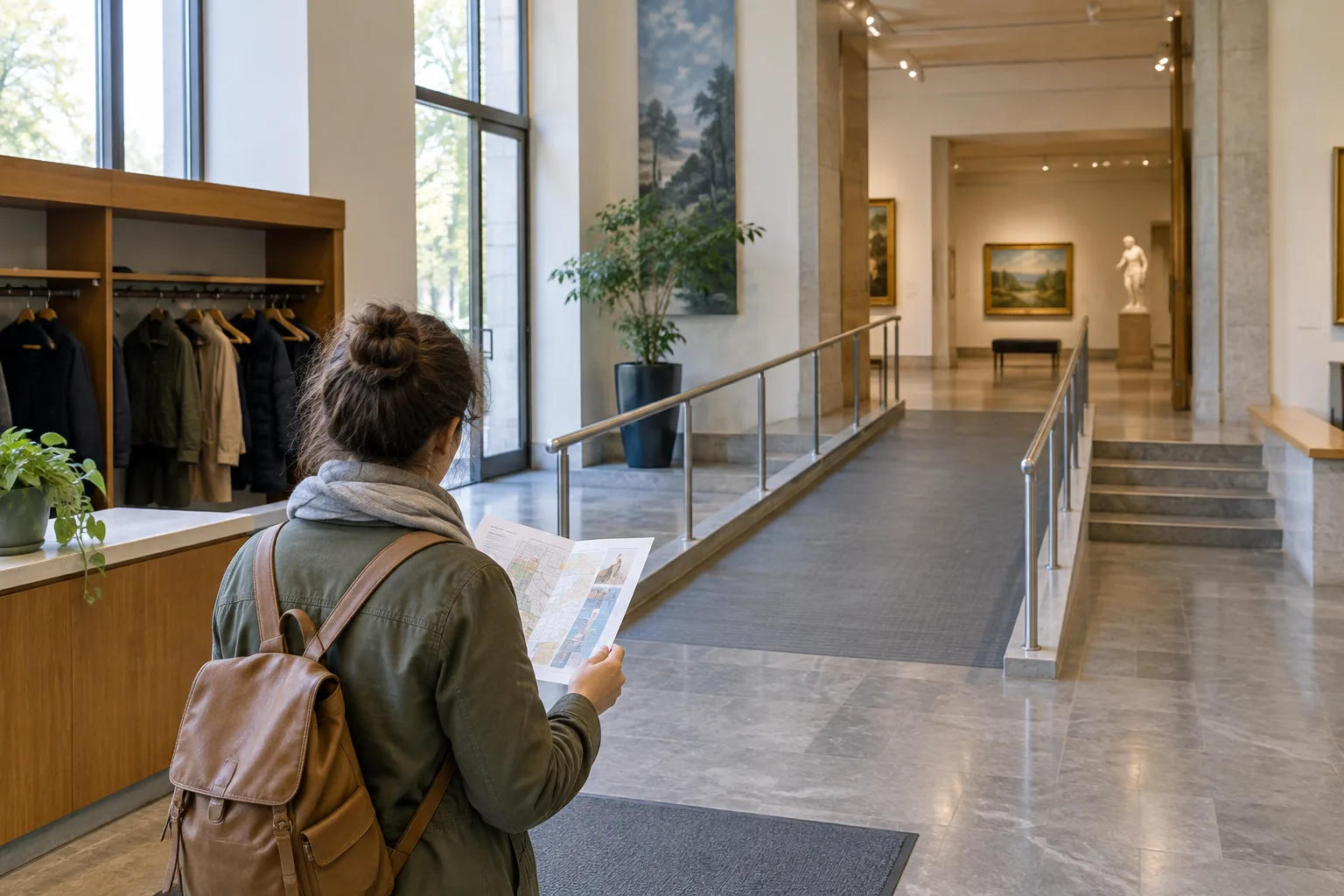 Dans le hall d’un musée, une personne consulte un plan près d’un accès sans marche et d’un vestiaire.
