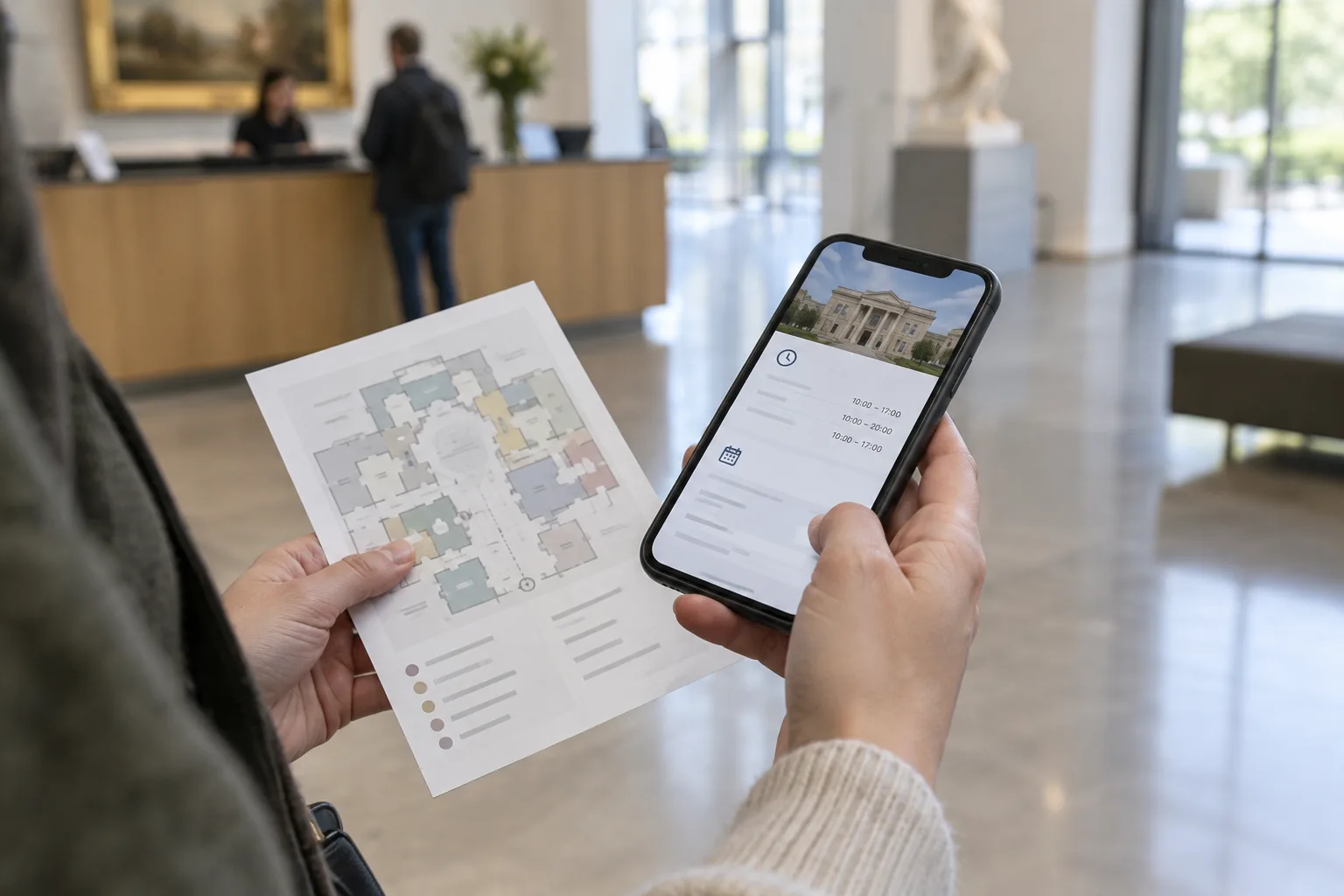 Des mains consultent un téléphone et un plan avant une visite de musée.