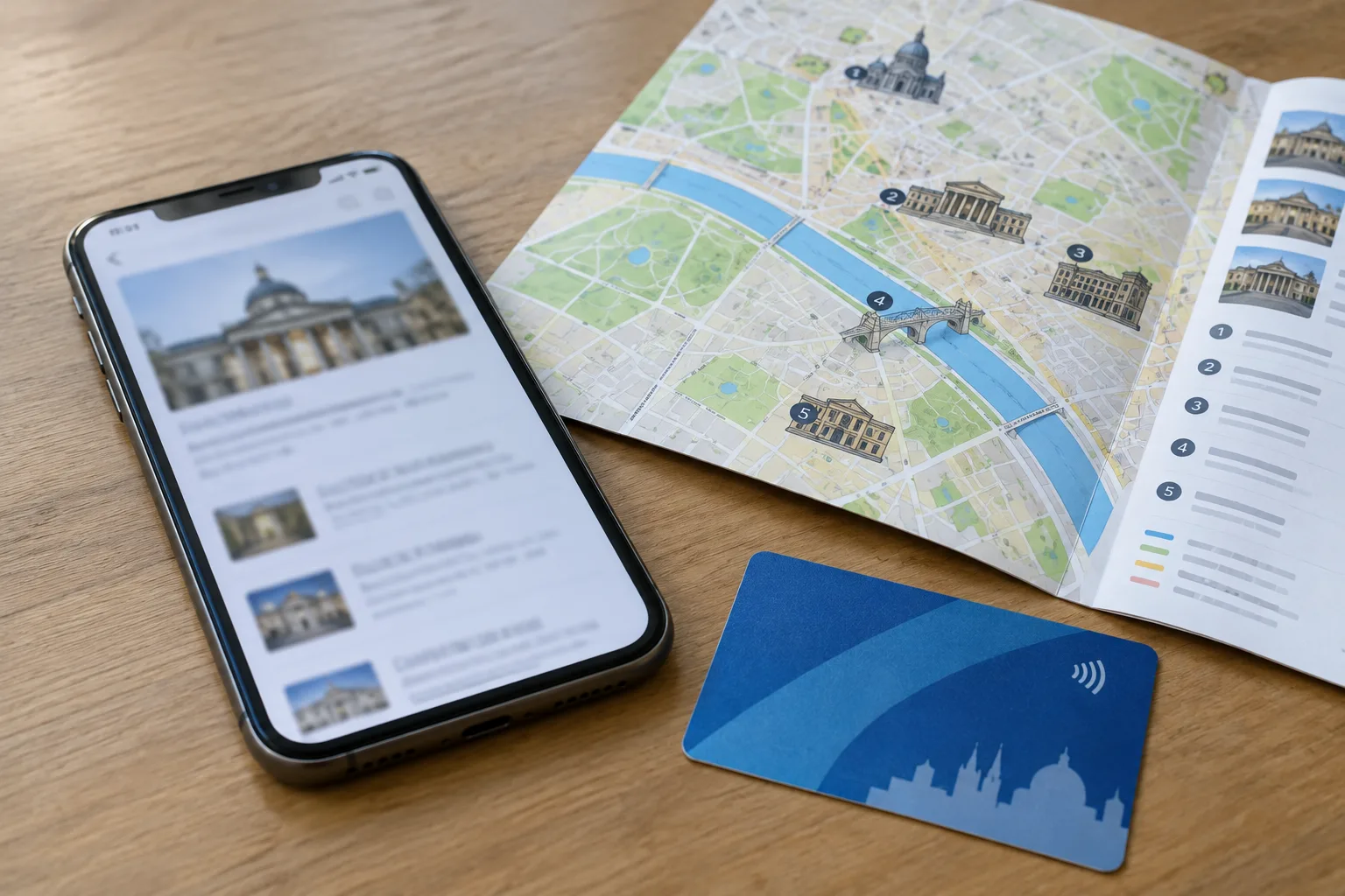 Un téléphone, un plan de musée plié et une carte de transport réunis pour préparer une visite.