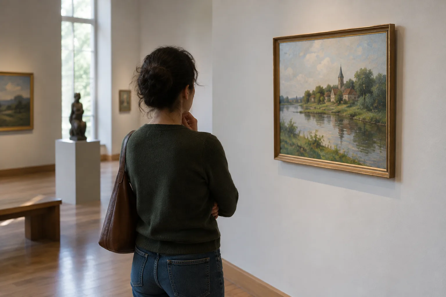 Une personne observe une œuvre dans une salle calme d’un petit musée.