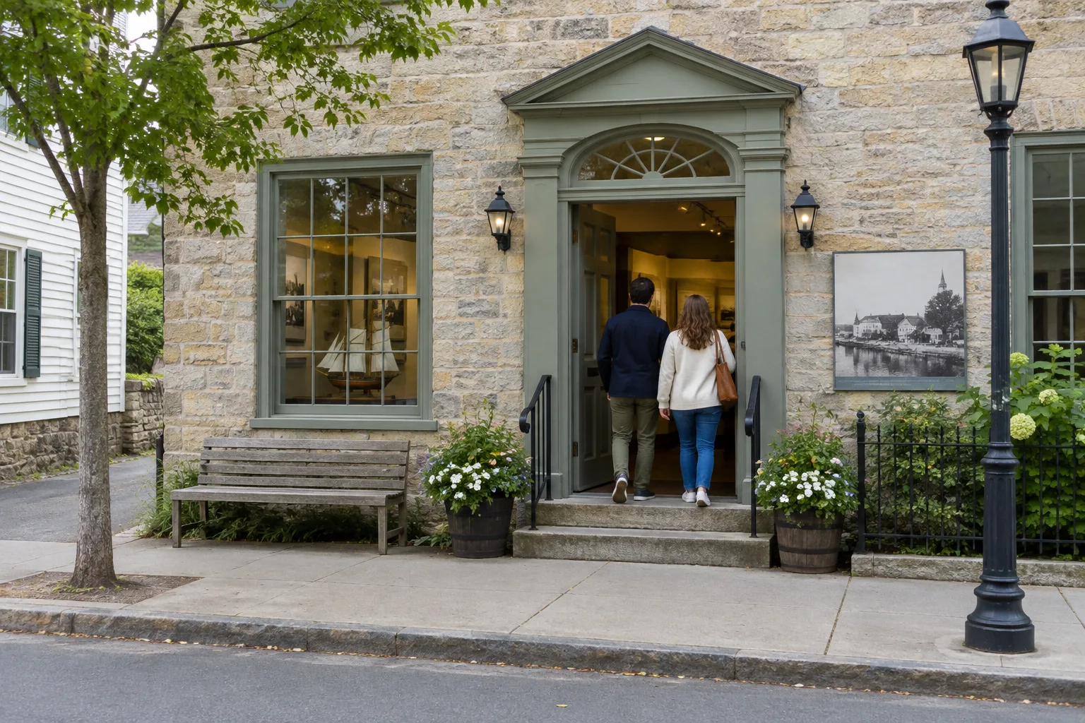 Entrée d’un petit musée local dans une rue calme, avec des visiteurs vus de dos.