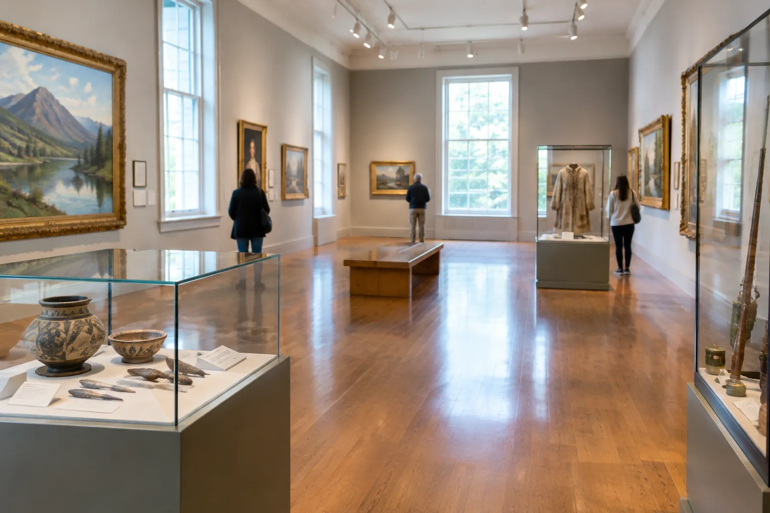 Une galerie de musée lumineuse avec des œuvres et des vitrines présentant des objets historiques.