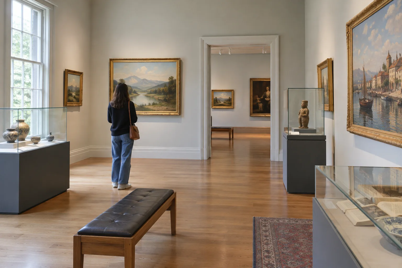 Une personne observe une exposition dans une galerie de musée lumineuse.