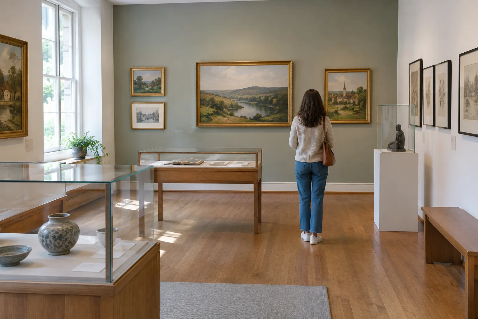 Une petite salle de musée lumineuse où une personne observe des œuvres accrochées au mur.