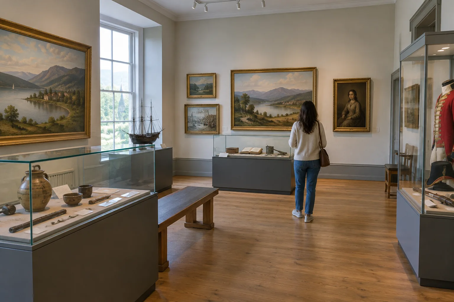 Une salle de musée de proximité avec des œuvres exposées et une personne en visite.
