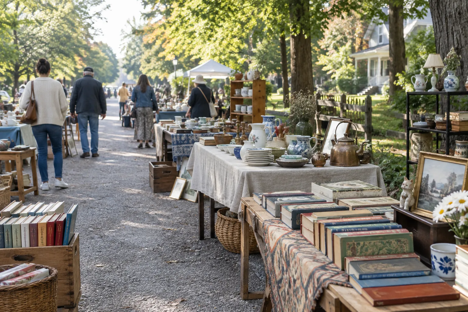Des objets d’occasion disposés sur des tables dans un vide-grenier de quartier.