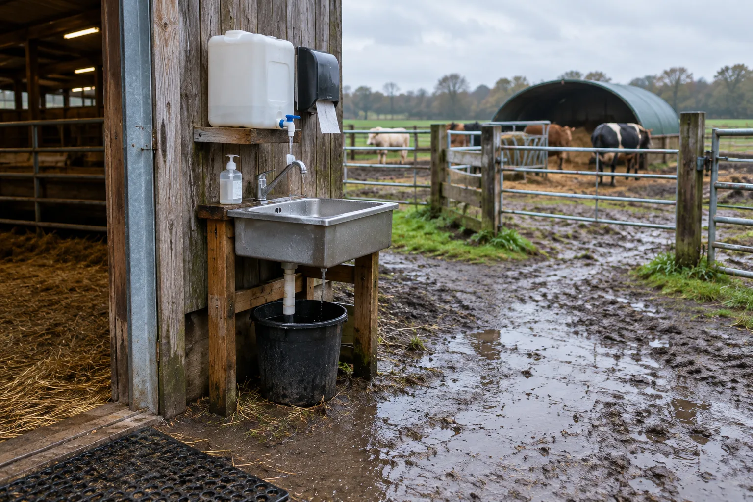 Un point de lavage des mains près d’un chemin boueux et d’un bâtiment agricole.