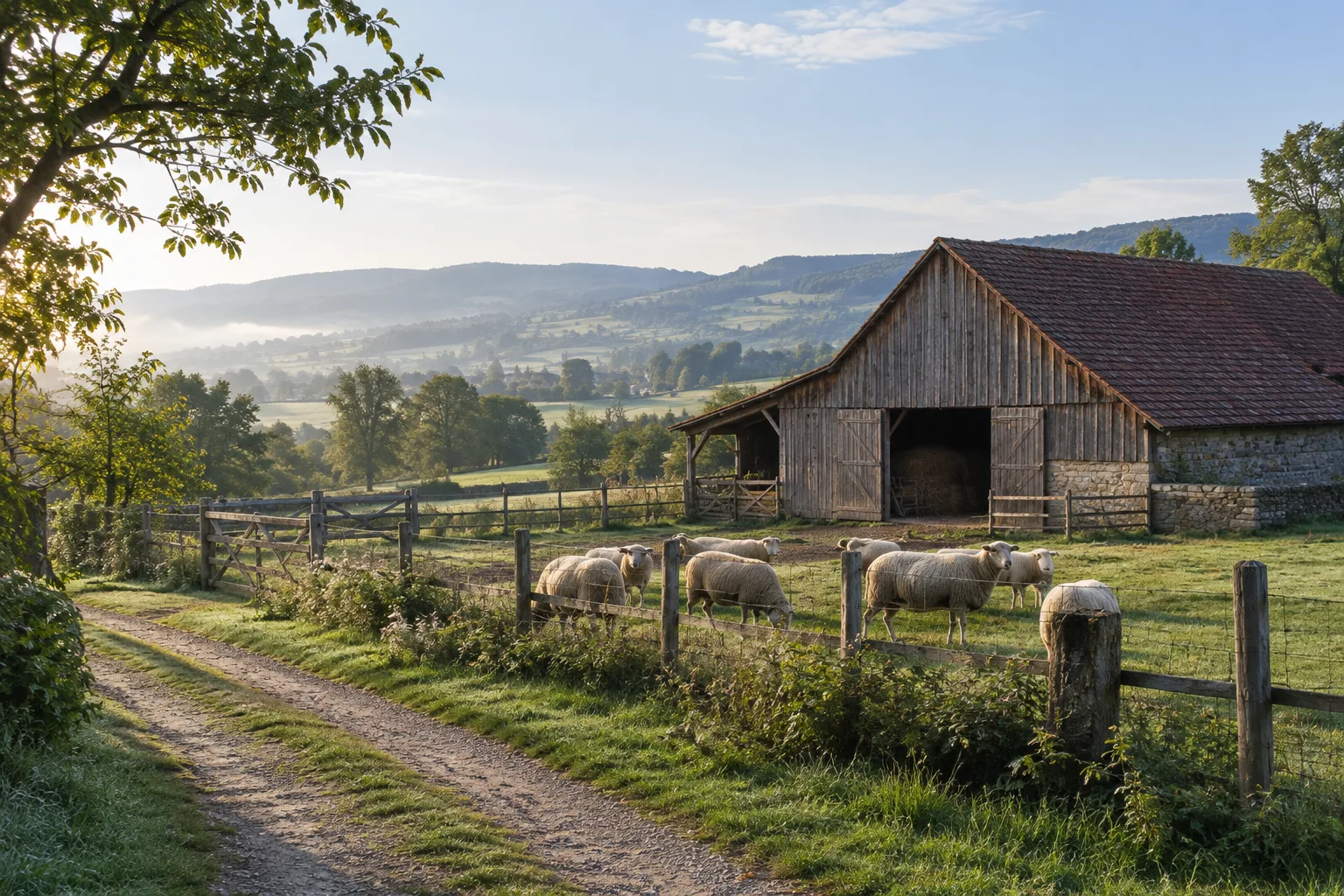 Un chemin de ferme mène vers une grange en bois et un enclos de moutons.